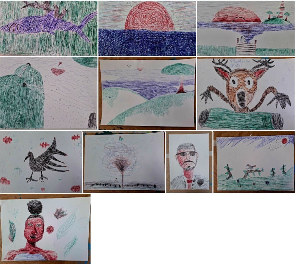 Mosaico de desenhos dos alunos feitos com caneta esferográfica: paisagens, pôr do sol, animais e retratos