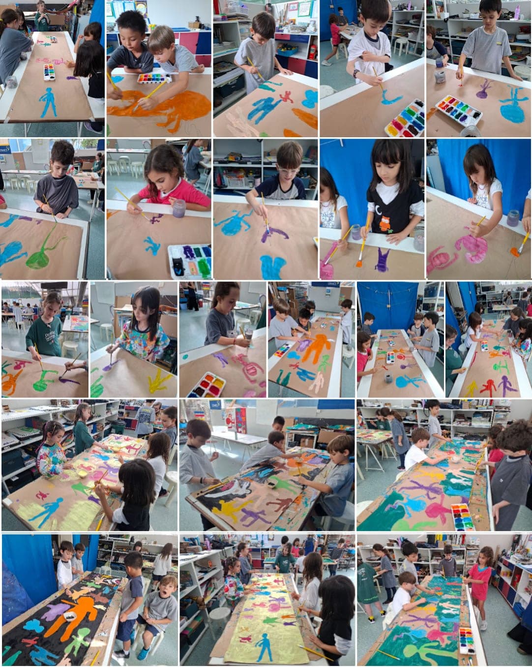 Mosaico de fotos de alunos pintando figuras coloridas em movimento sobre papel pardo, inspiradas em Keith Haring