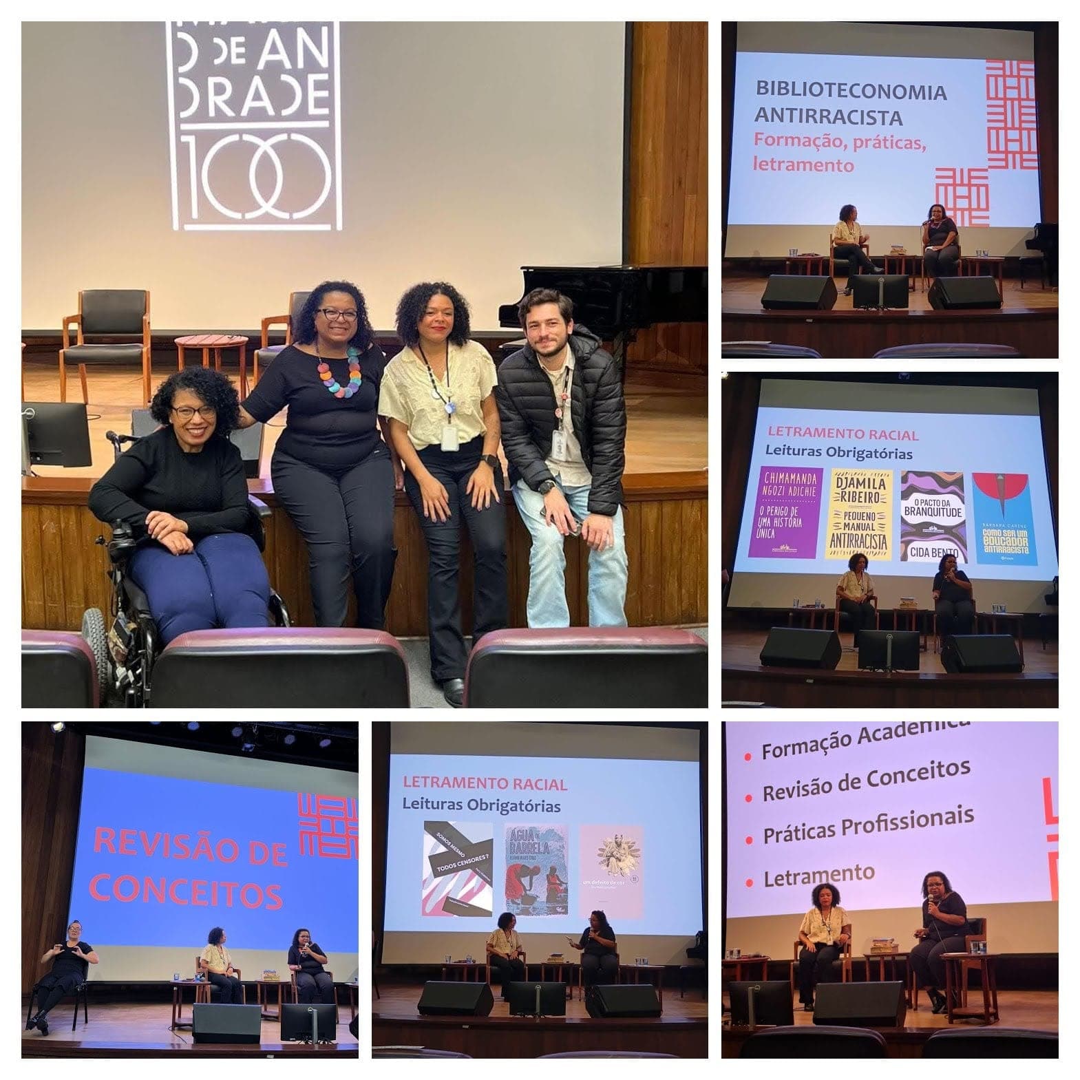 Montagem de fotos da palestra Biblioteconomia Antirracista: participantes no auditório e slides sobre letramento racial