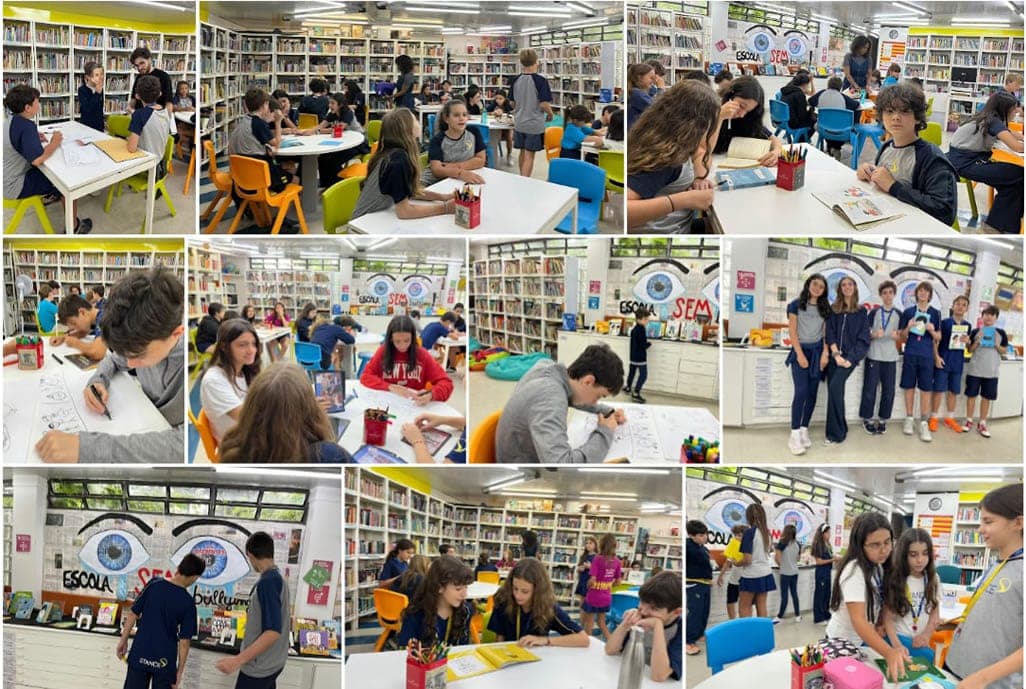 Mosaico: alunos em atividades de leitura e desenho na biblioteca, com painel "Escola sem bullying" ao fundo
