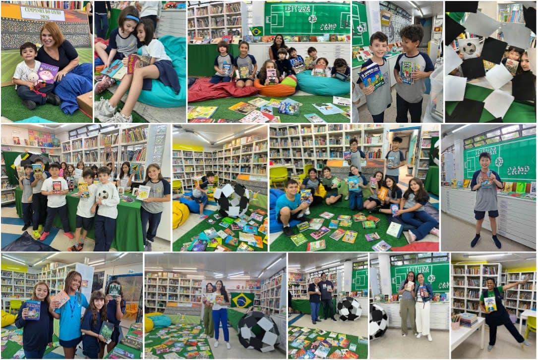 Montagem de fotos da Campanha do Livro 2026 na biblioteca decorada como campo de futebol, com alunos segurando livros