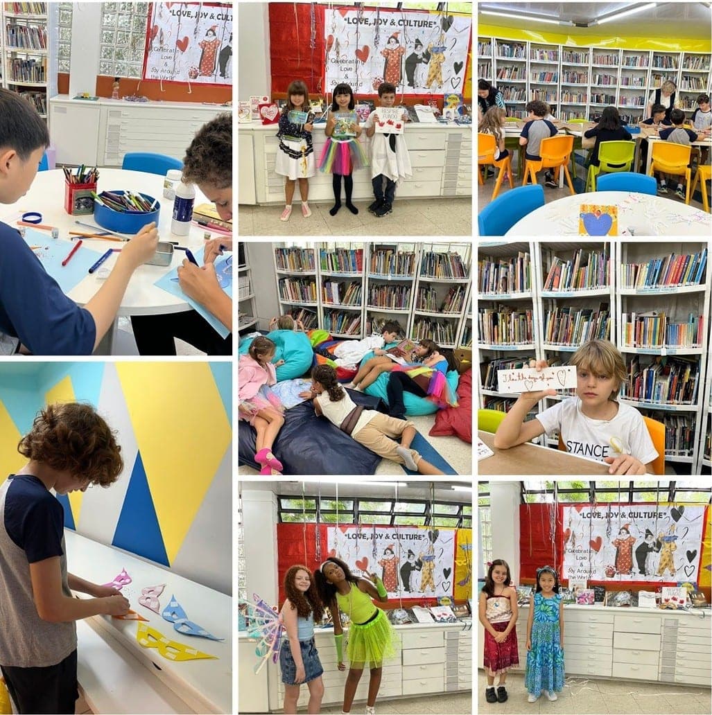 Mosaico na biblioteca: alunos fantasiados diante do painel "Love, Joy & Culture", criando máscaras e lendo em pufes
