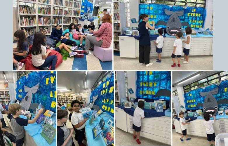 Mosaico: exposição com grande tubarão e os dizeres "In every ocean, in every living being"; alunos leem livros sobre o mar