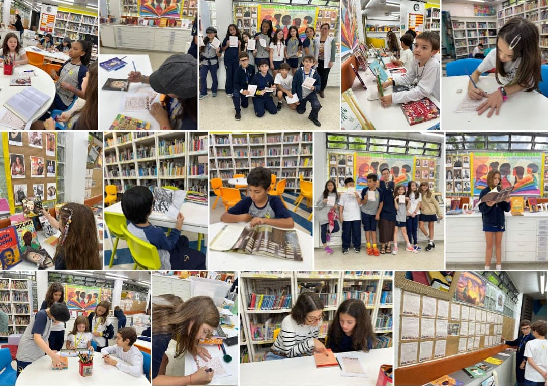 Mosaico da oficina na biblioteca: alunos escrevem sobre livros e escritoras e posam diante do painel "Mulheres que inspiram"