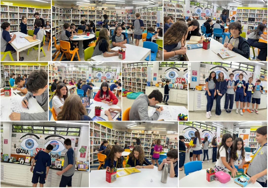 Mosaico: alunos leem e desenham nas mesas da biblioteca, diante do painel com olhos e os dizeres "Escola sem bullying"