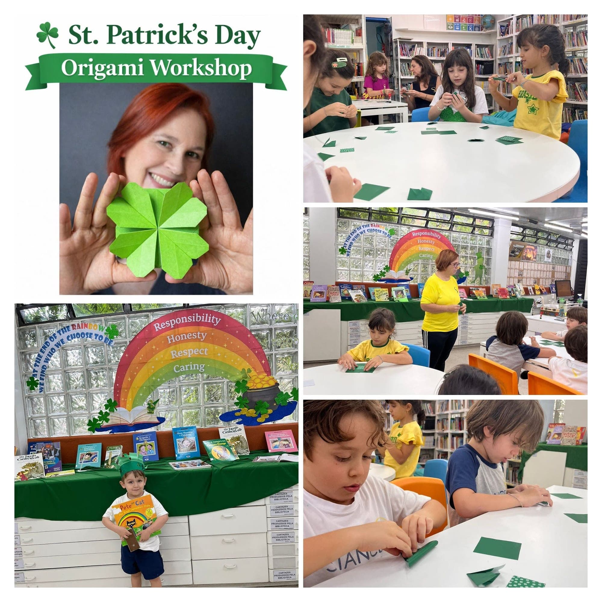 Mosaico: cartaz "St. Patrick's Day Origami Workshop" com trevo de papel, alunos dobrando origami e painel de arco-íris com valores