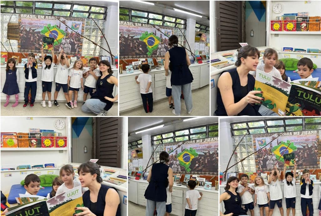 Mosaico: alunos diante do painel "Brasil em Abril" com a bandeira do Brasil e professora lendo o livro "Tulu" para crianças