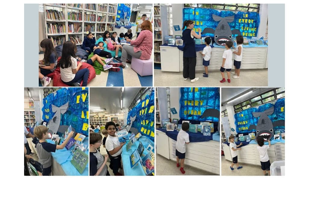 Mosaico: exposição com tubarão gigante sobre o oceano e alunos explorando livros na biblioteca