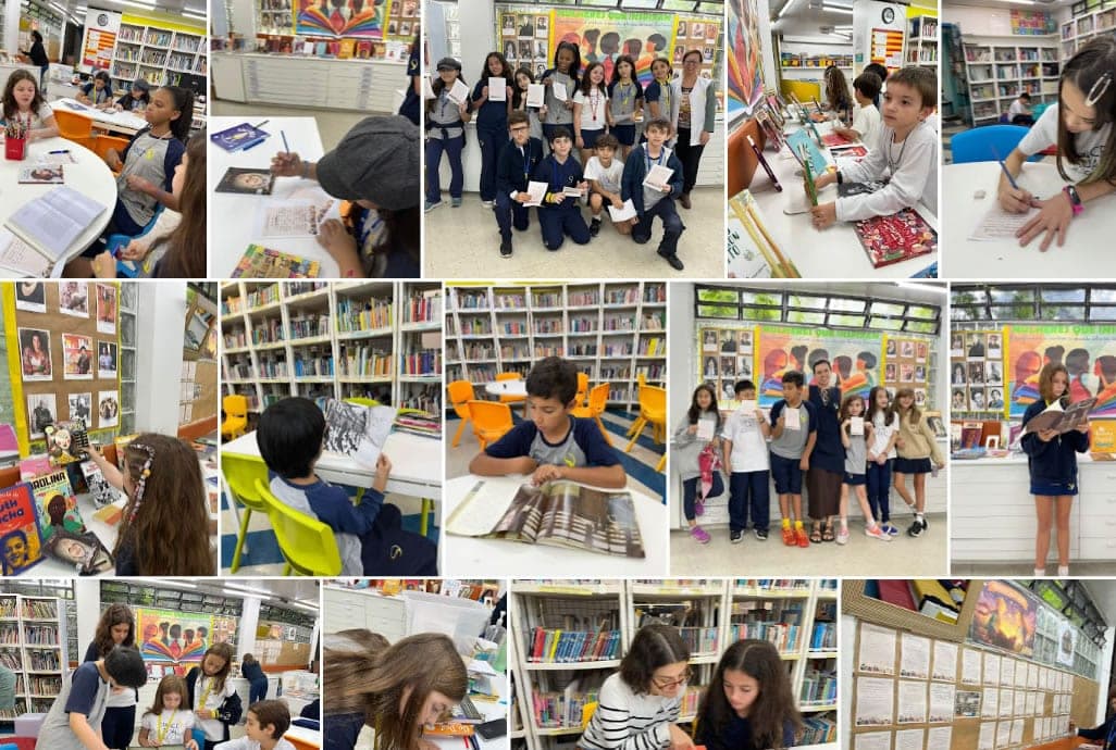 Mosaico: alunos escrevem e leem na biblioteca e posam diante do painel "Mulheres que inspiram"