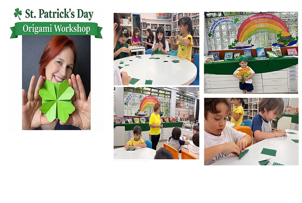 Mosaico: cartaz "St. Patrick's Day Origami Workshop", alunos dobrando papel verde e painel de arco-íris na biblioteca