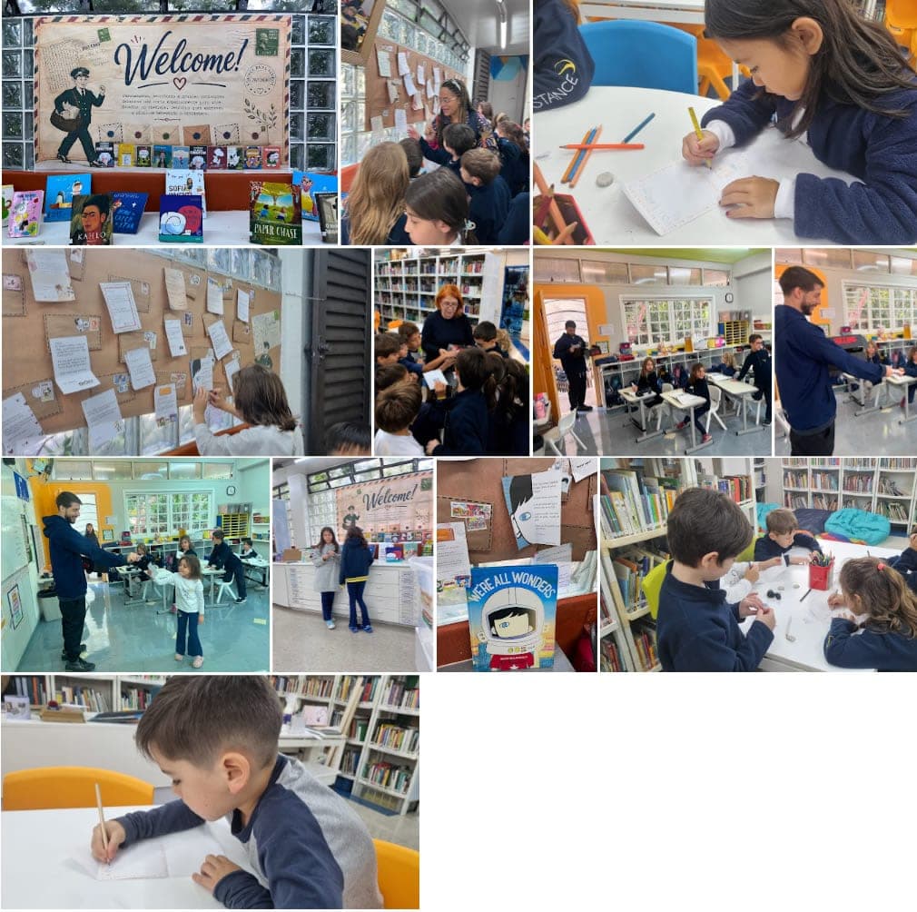 Mosaico: painel "Welcome!" com carteiro, mural de cartas e alunos escrevendo e recebendo cartas na biblioteca e nas salas