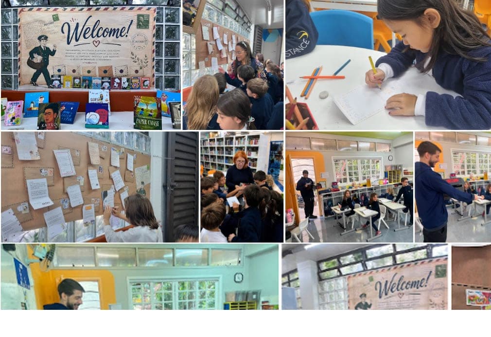 Mosaico: painel "Welcome!" com livros expostos, mural de cartas e alunos escrevendo cartas