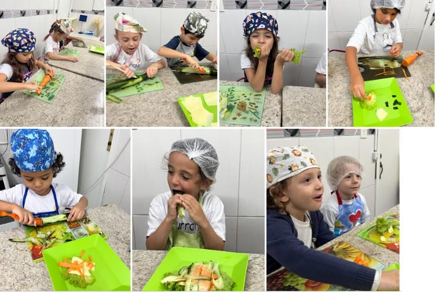 Mosaico: crianças de touca cortam legumes e montam wraps de alface coloridos