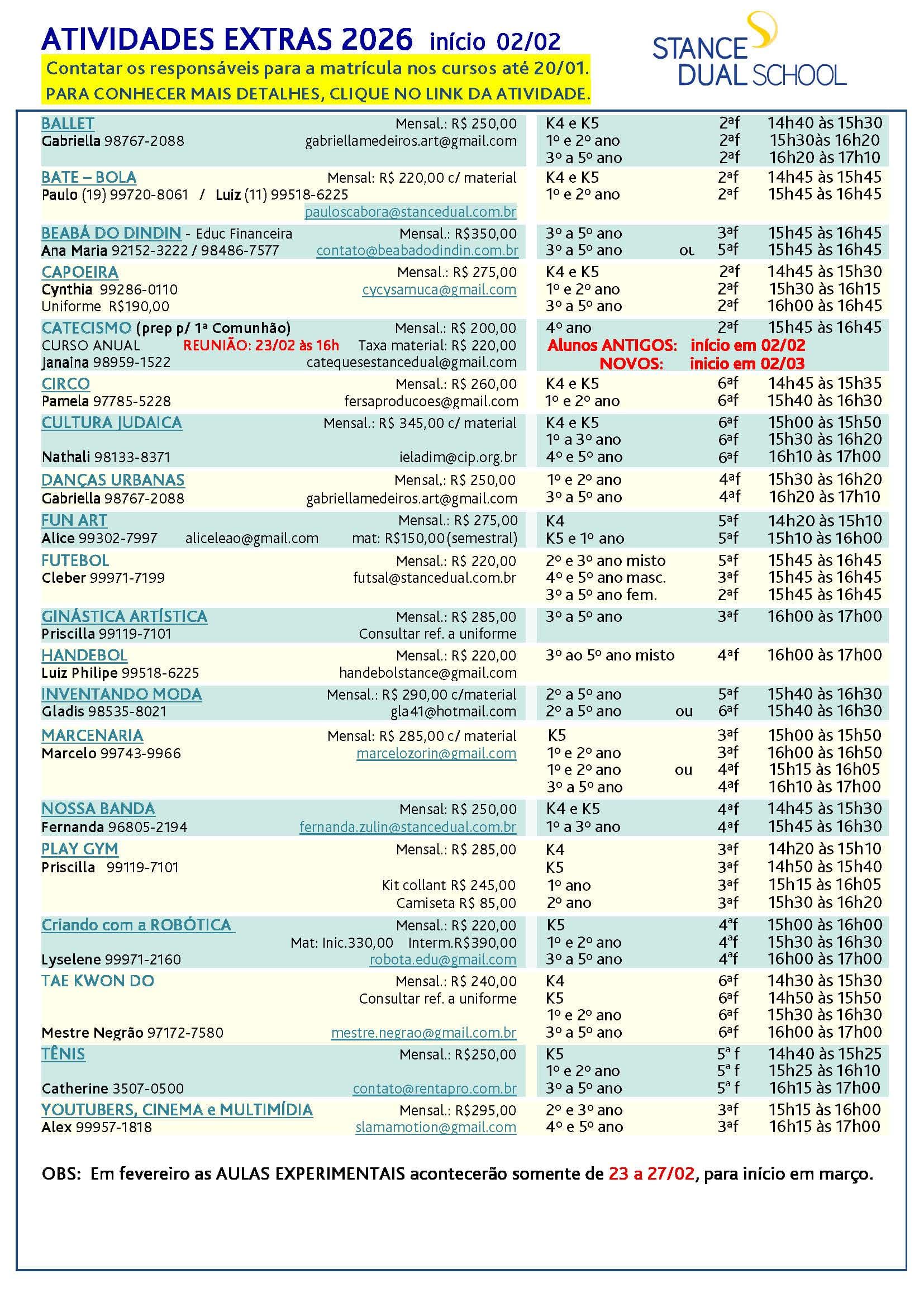 Quadro de Atividades Extras 2026 com cursos, valores, contatos, turmas e horários