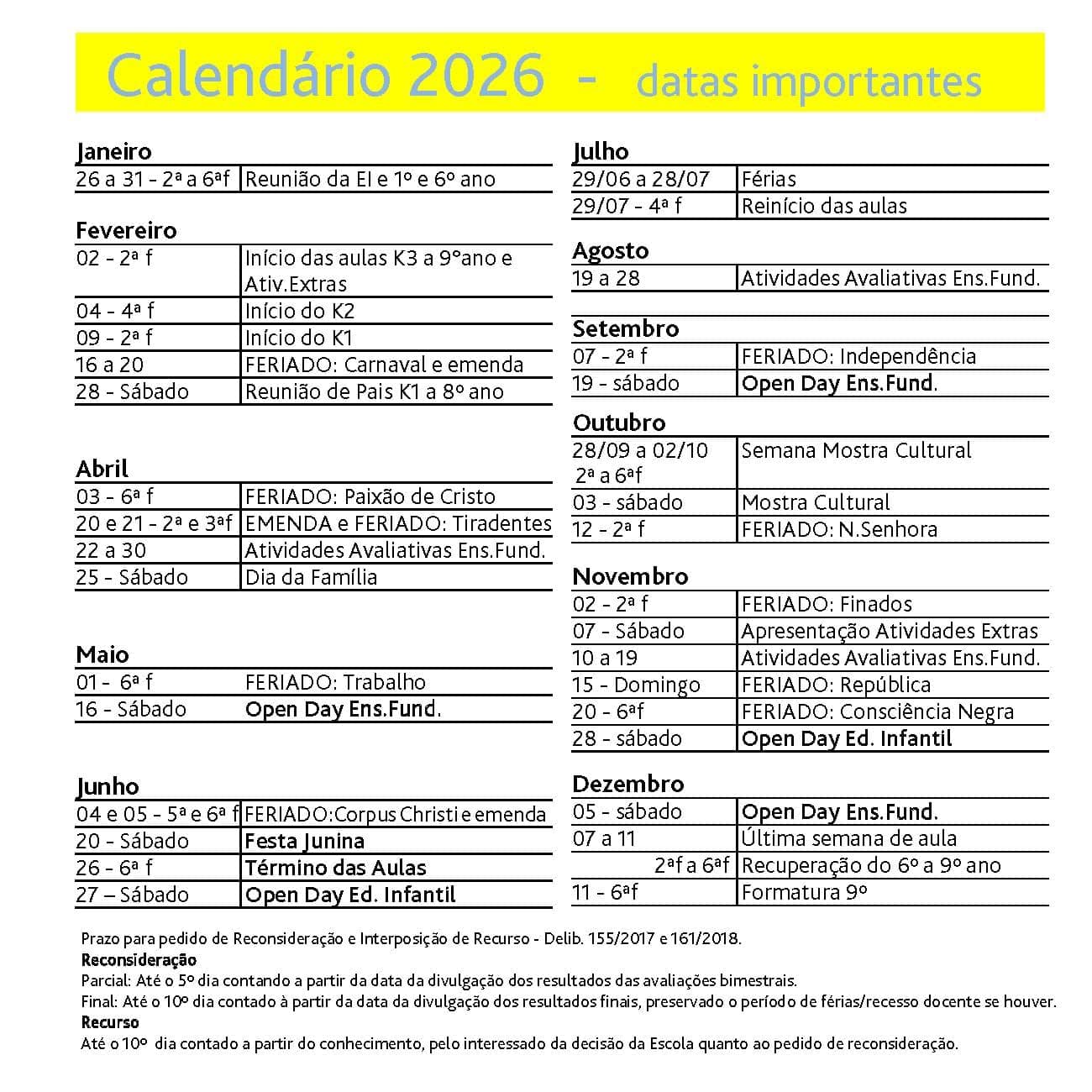 Calendário 2026 da Stance com as datas importantes do ano letivo, mês a mês