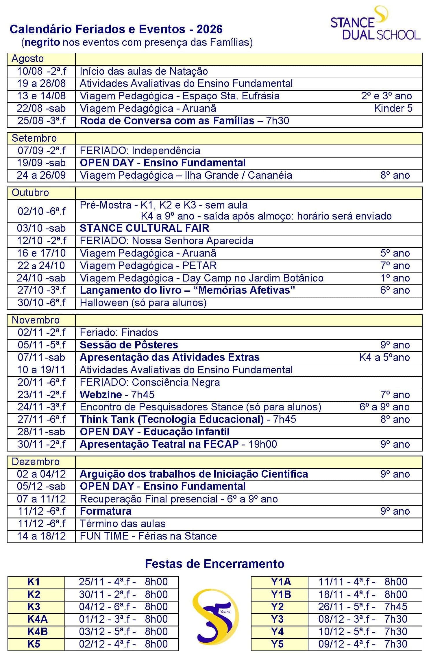 Calendário de Feriados e Eventos 2026, de agosto a dezembro, com as datas das Festas de Encerramento
