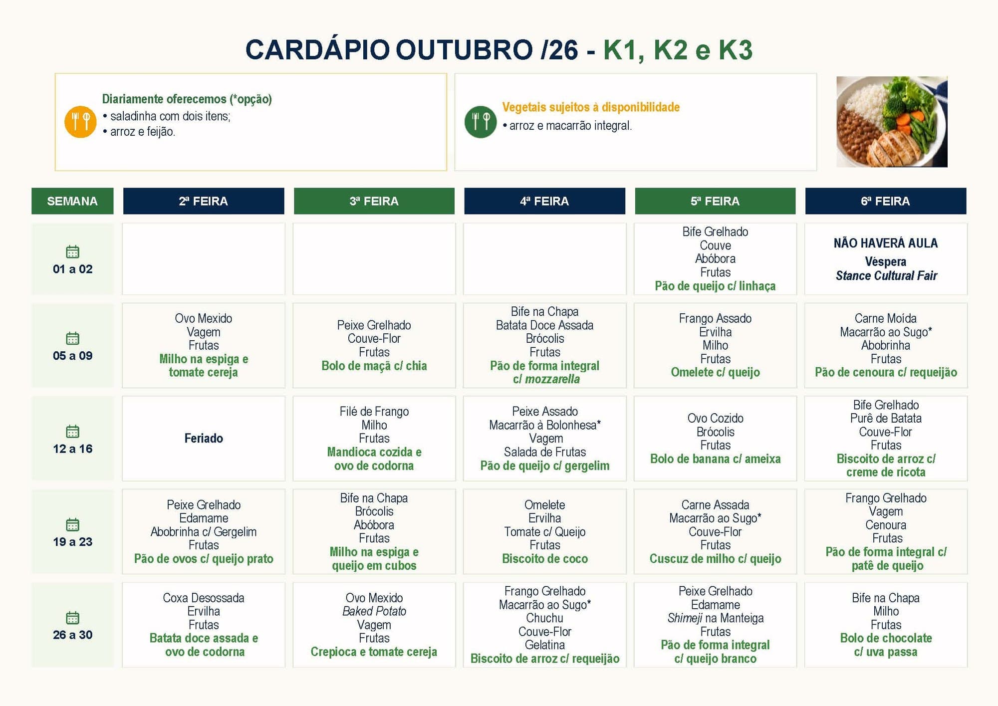 Cardápio de outubro de 2026 para K1, K2 e K3, com as refeições de cada dia da semana