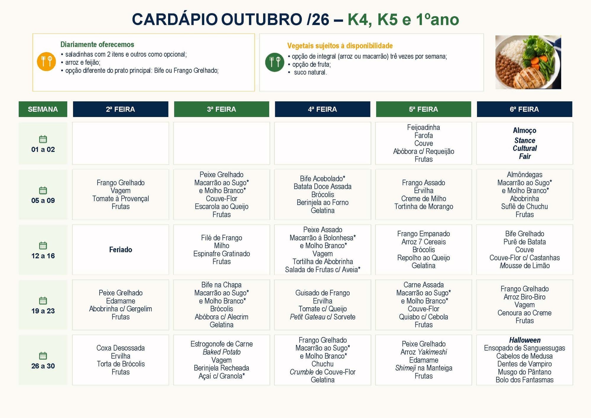 Cardápio de outubro de 2026 para K4, K5 e 1º ano, com as refeições de cada dia da semana