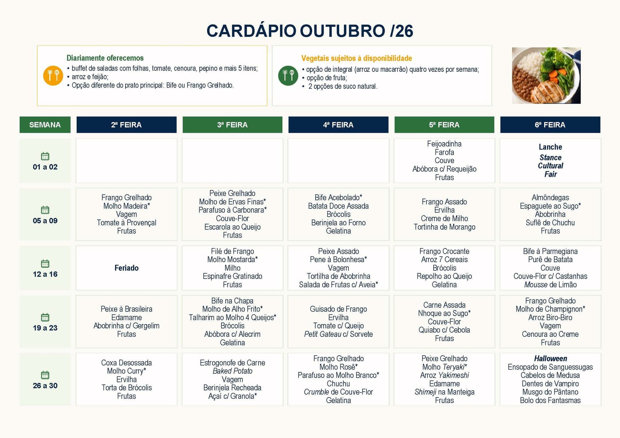 Cardápio de outubro de 2026 do Restaurante Stance para 2º a 9º ano, com as refeições de cada dia
