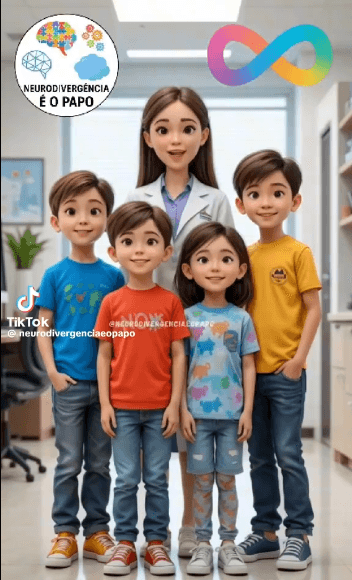 Ilustração do vídeo Neurodivergência É o Papo: uma médica com quatro crianças