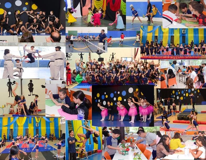 Colagem do festival: dança, ginástica, artes marciais, artes, robótica e plateia de famílias