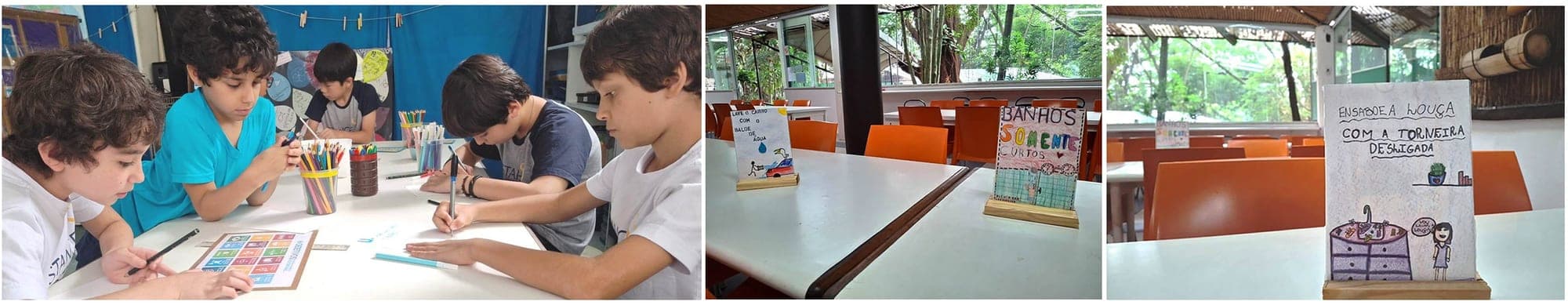 Alunos de 4º e 5º ano desenham os marcadores e, no refeitório, as plaquinhas prontas com dicas como Banhos somente curtos
