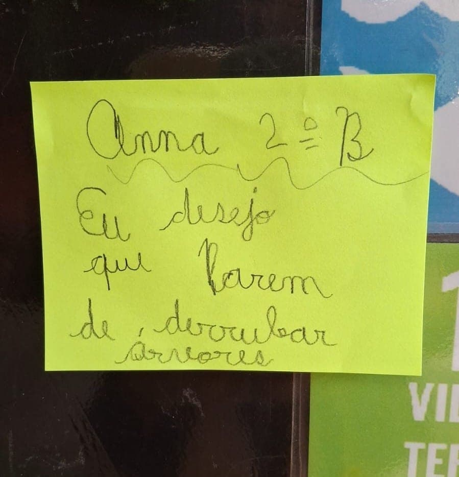 Bilhete de aluna do 2º B: Eu desejo que parem de derrubar árvores