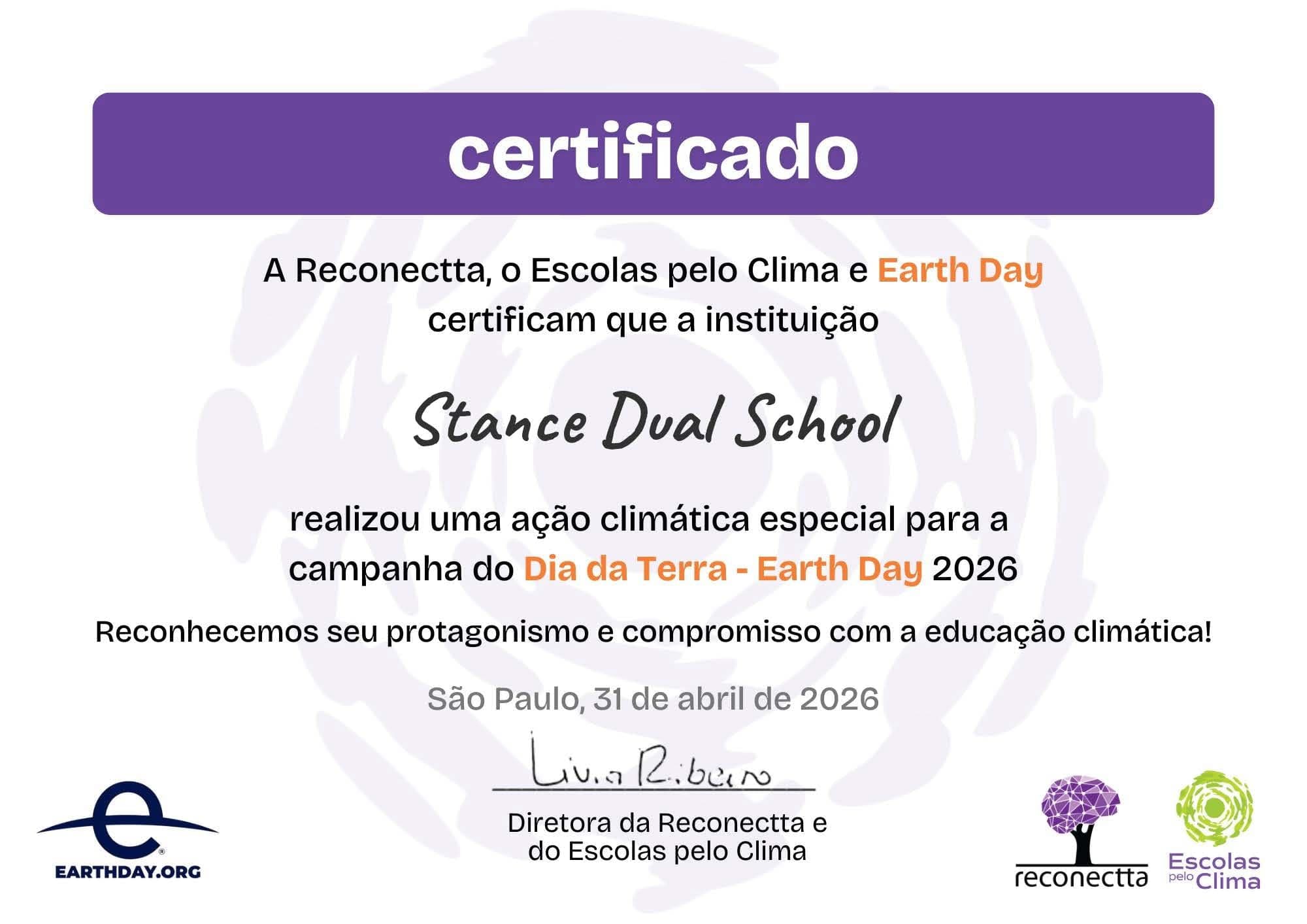 Certificado da Reconectta, Escolas pelo Clima e Earth Day à Stance Dual School por ação climática no Dia da Terra 2026