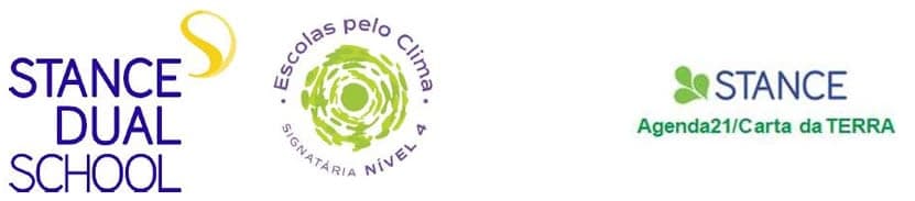 Logos da Stance Dual School, do selo Escolas pelo Clima signatária nível 4 e de Stance Agenda21/Carta da Terra