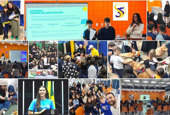 Montagem de fotos da Jornada pelo Meio Ambiente 2025: palestras, apresentações de alunos e atividade com cães