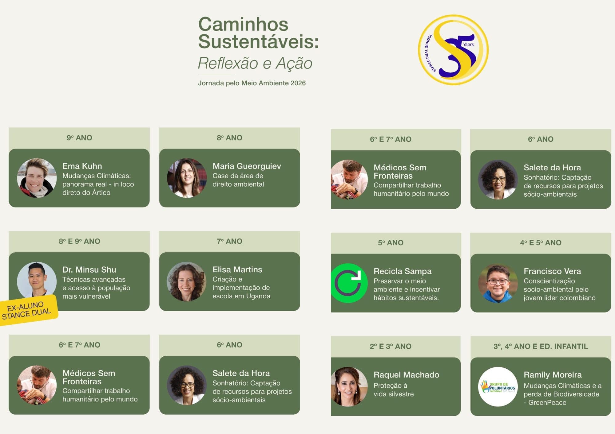 Programação da Jornada pelo Meio Ambiente 2026, "Caminhos Sustentáveis: Reflexão e Ação", com palestrantes por ano escolar