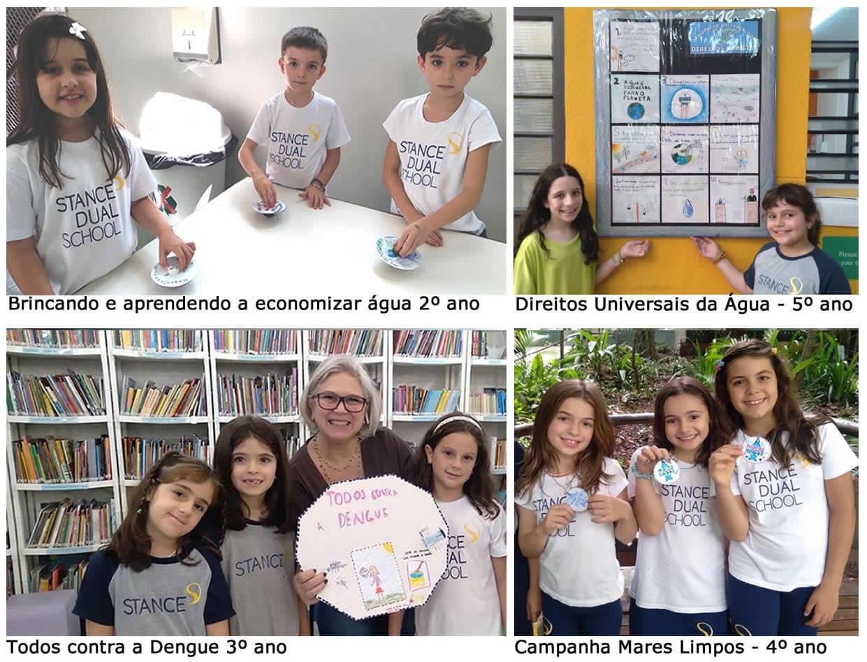 Montagem com projetos sobre a água: economizar água (2º ano), Todos contra a Dengue (3º), Mares Limpos (4º) e Direitos da Água (5º)