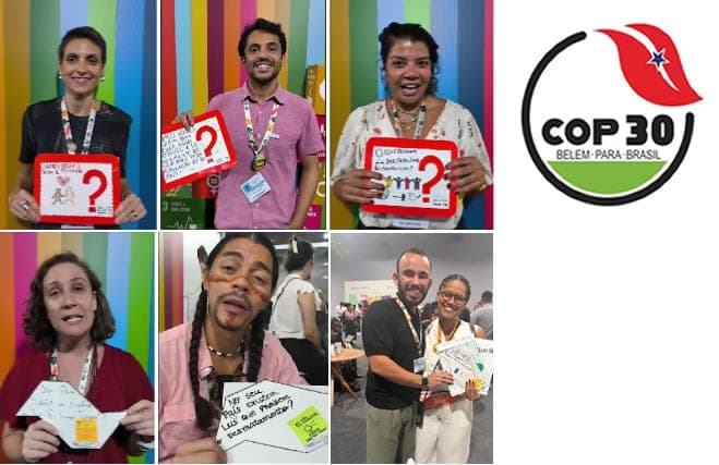 Participantes da COP30 seguram cartões com perguntas escritas pelos alunos, ao lado do logo COP30 Belém Pará Brasil