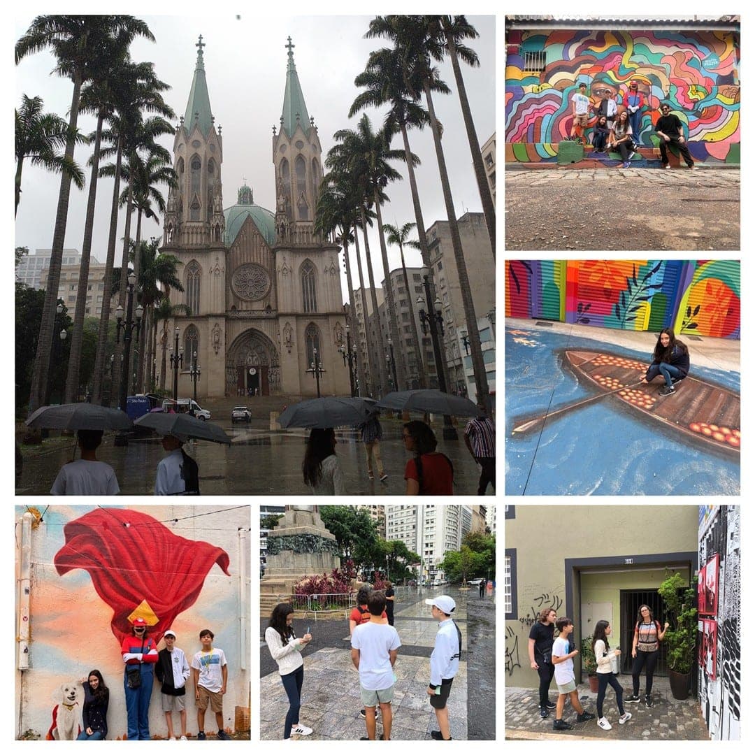 Montagem de fotos dos alunos em São Paulo: Catedral da Sé sob chuva, murais de grafite e ruas do centro