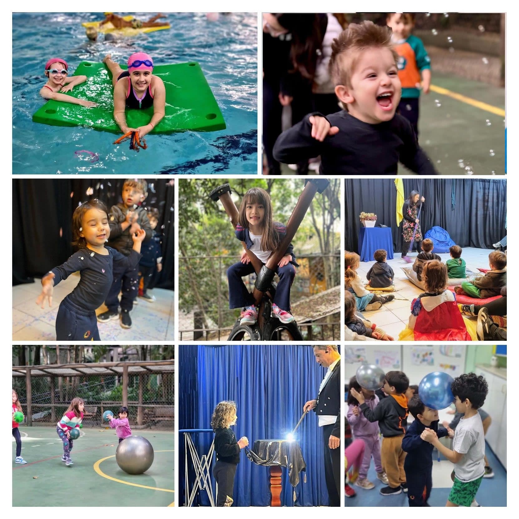 Montagem do Fun Time: crianças brincam na piscina, dançam, jogam bola na quadra, assistem a teatro e a show de mágica