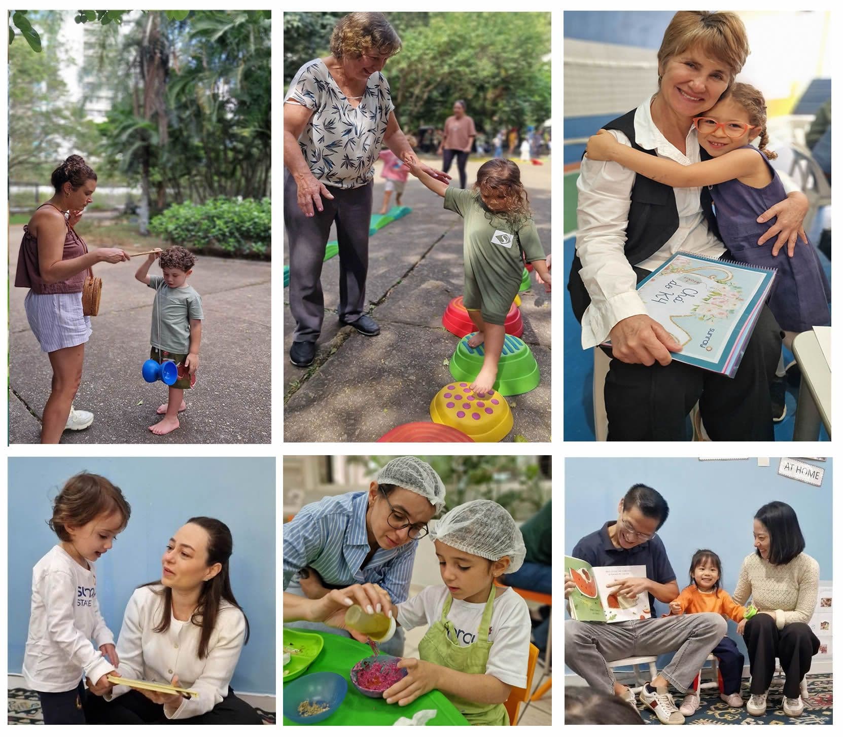 Mosaico de fotos de familiares em atividades com as crianças na escola: brincadeiras, culinária e leitura