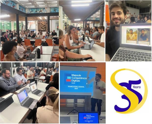 Montagem da formação docente: professores com notebooks e apresentação do Mapa de Competências Digitais, ao lado do selo de 35 anos