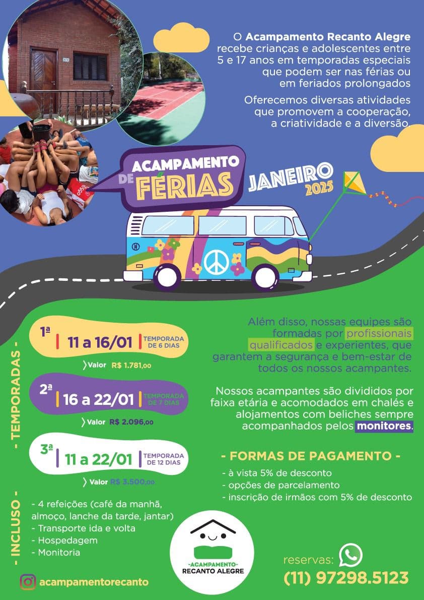Folheto Acampamento de Férias Janeiro 2025, Recanto Alegre, com temporadas, valores e contato para reservas