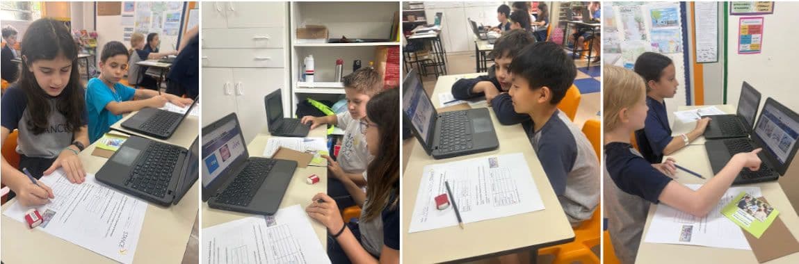 Alunos do Year 4 preenchem planilhas de orçamento em sala, consultando opções em notebooks