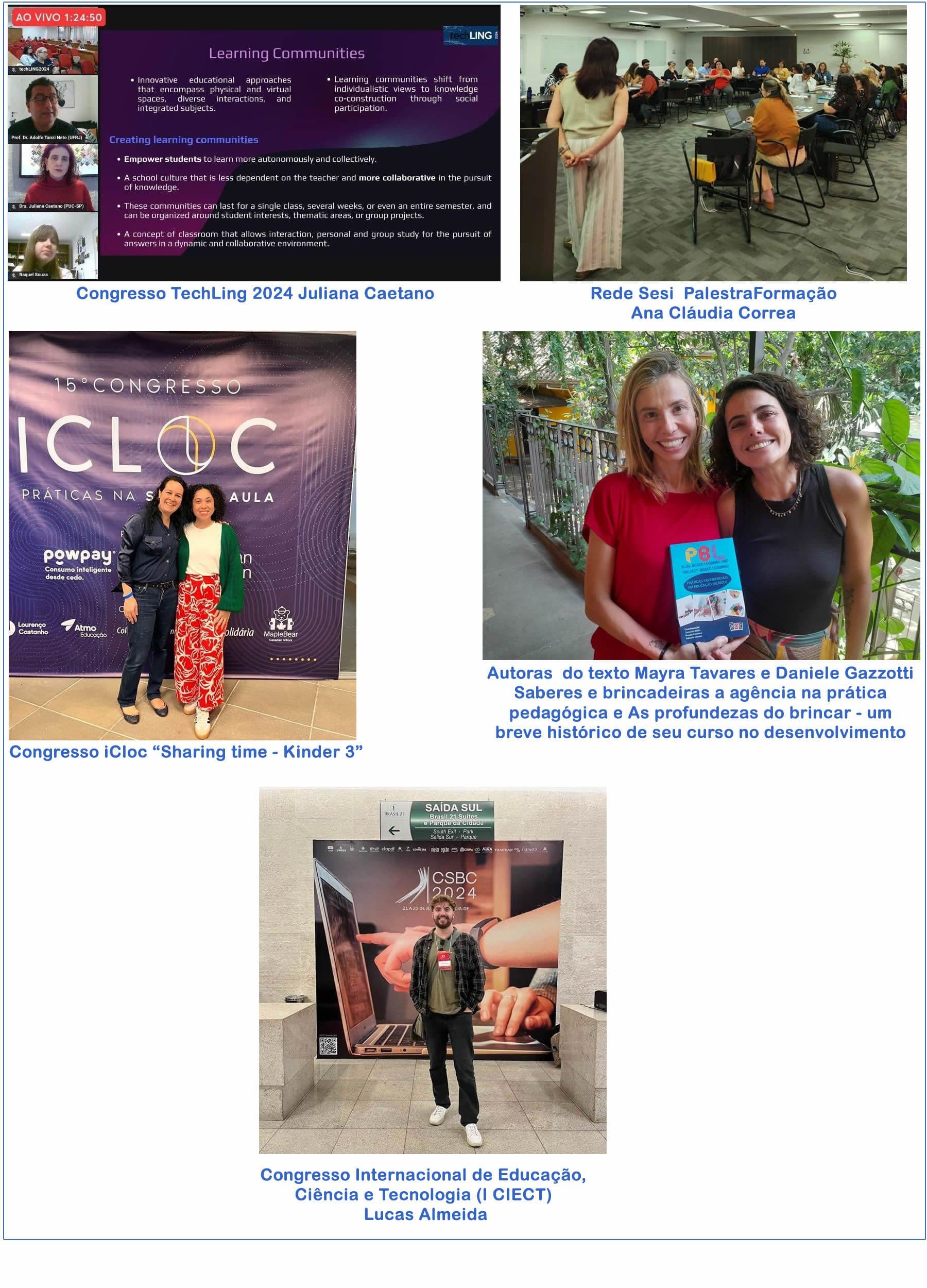Mosaico de participações da equipe em 2024: TechLing, Rede Sesi, iCloc, lançamento de livro PBL e I CIECT