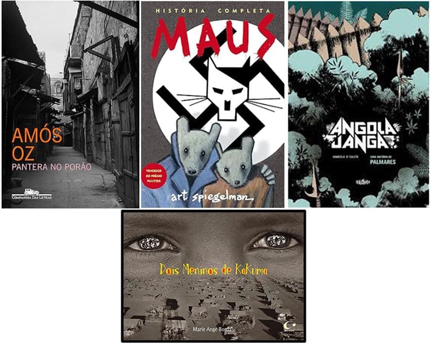 Capas dos livros Pantera no Porão, Maus, Angola Janga e Dois Meninos de Kakuma