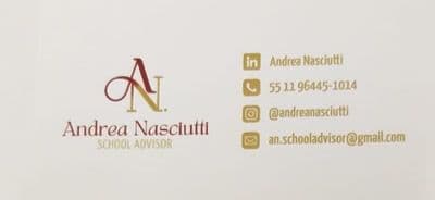 Cartão de Andrea Nasciutti, School Advisor, com contatos de LinkedIn, telefone, Instagram e e-mail