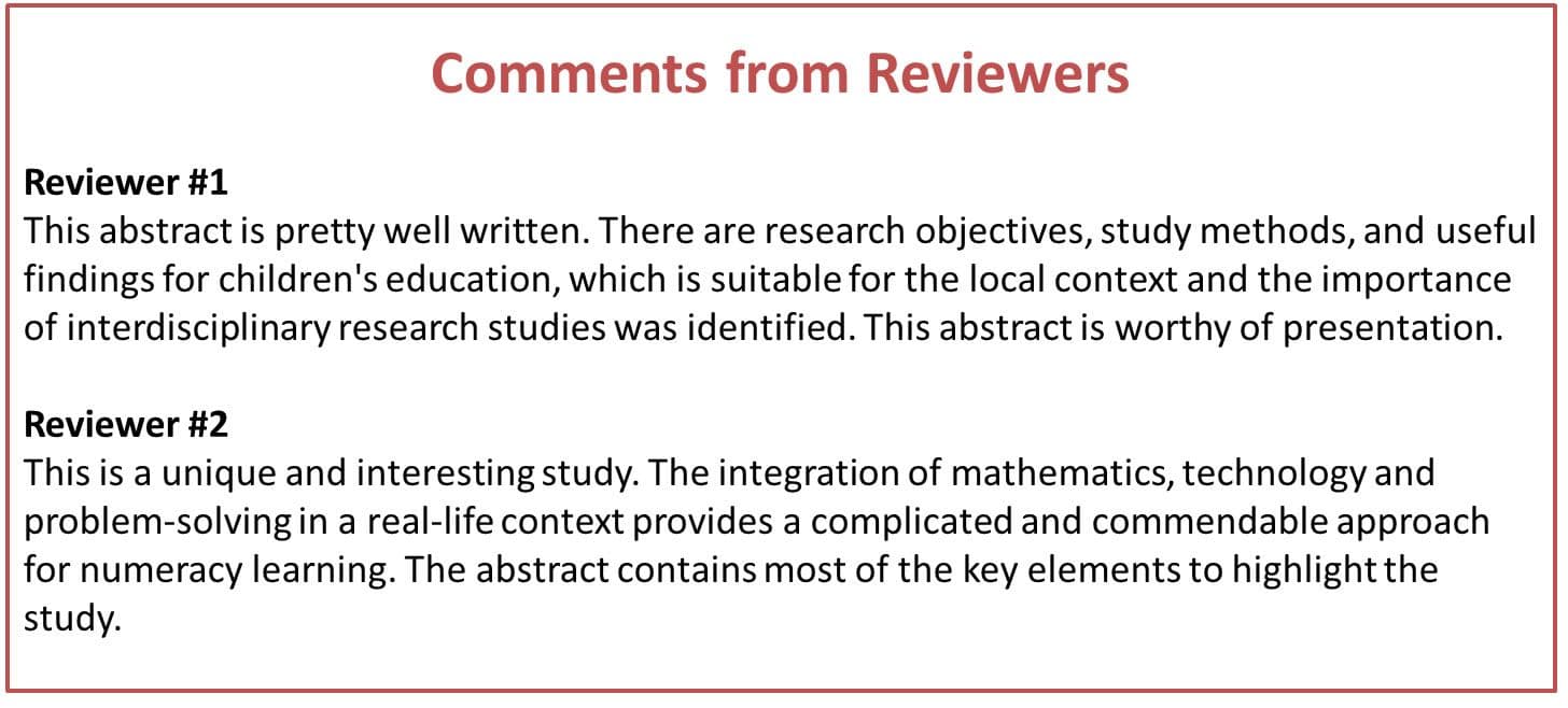 Quadro Comments from Reviewers com avaliações positivas de dois revisores sobre o resumo do projeto