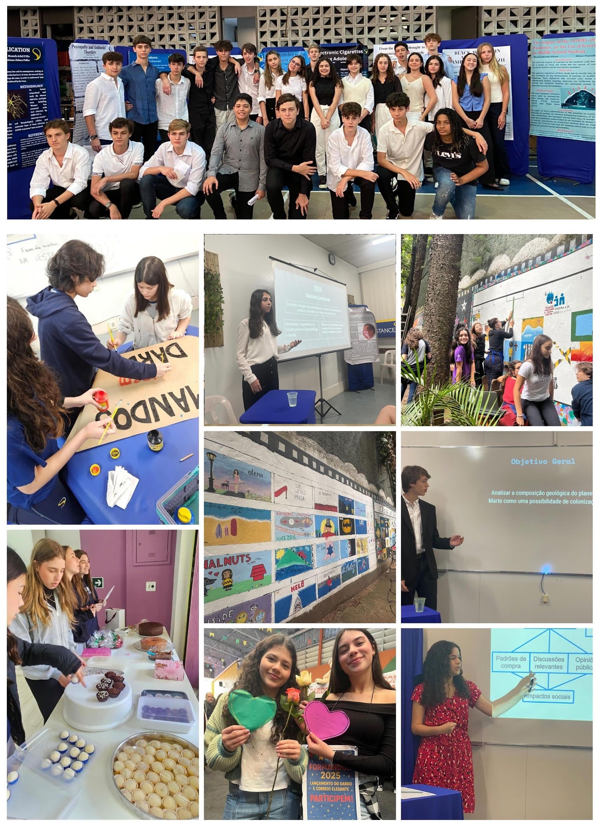 Mosaico do 9º ano: turma diante de pôsteres científicos, apresentações, mural pintado, venda de doces e cartaz Formandos 2025