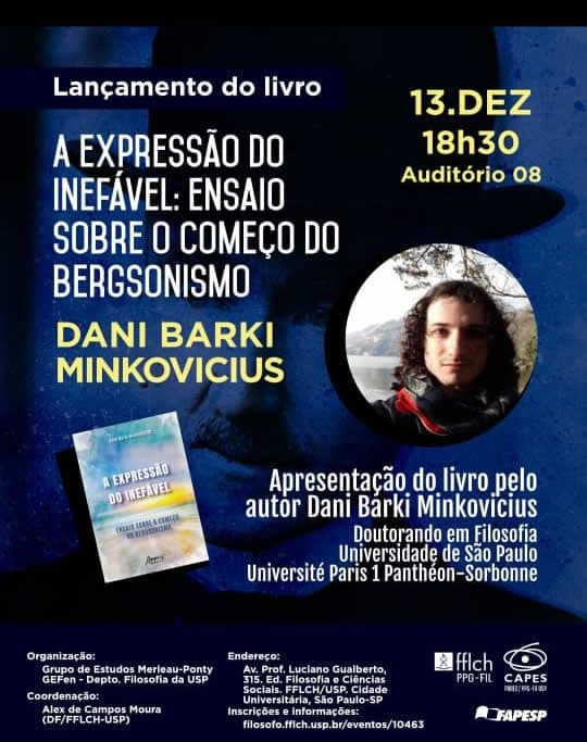Convite do lançamento do livro "A expressão do inefável", de Dani Barki Minkovicius, em 13 de dezembro, 18h30, na FFLCH/USP