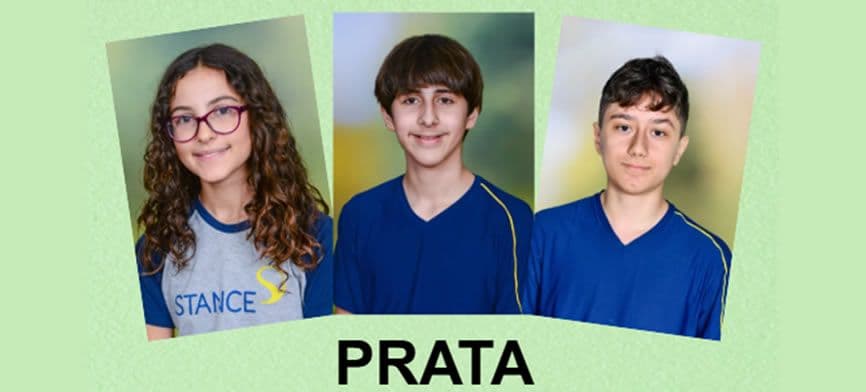 Retratos de três alunos medalhistas de prata na OLITEF, com a palavra PRATA abaixo