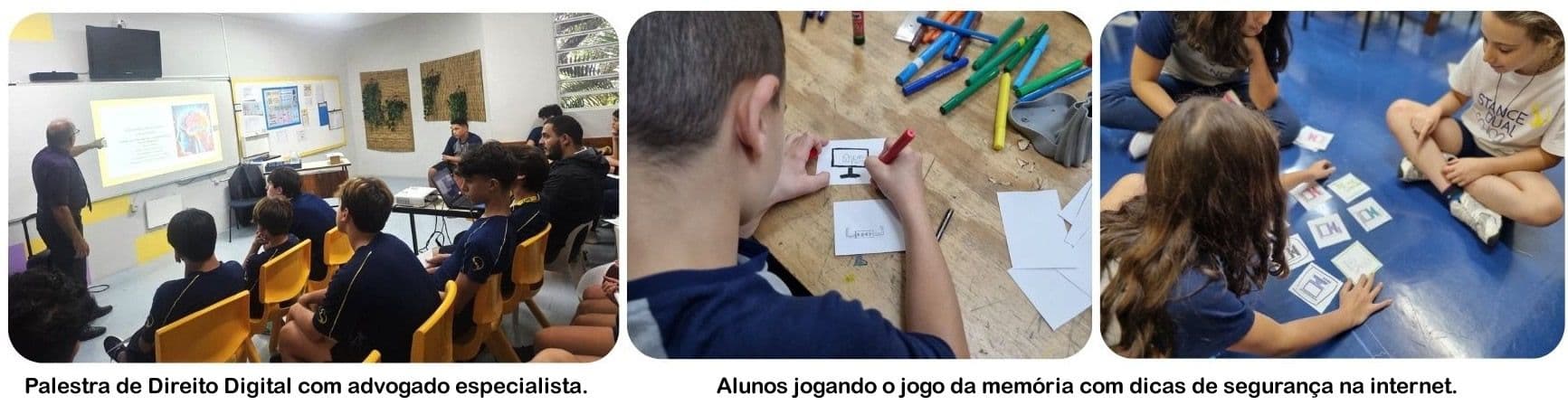 Palestra de Direito Digital com advogado especialista e alunos jogando jogo da memória com dicas de segurança na internet