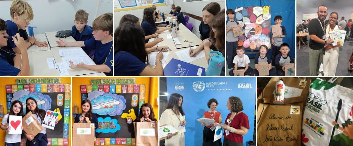 Montagem de fotos: alunos escrevem perguntas, posam com envelopes para a COP30 e representantes recebem o material em Belém