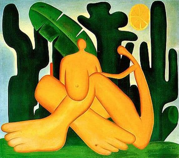 Pintura de Tarsila do Amaral: figura de pés enormes sentada entre cactos, sob um sol amarelo