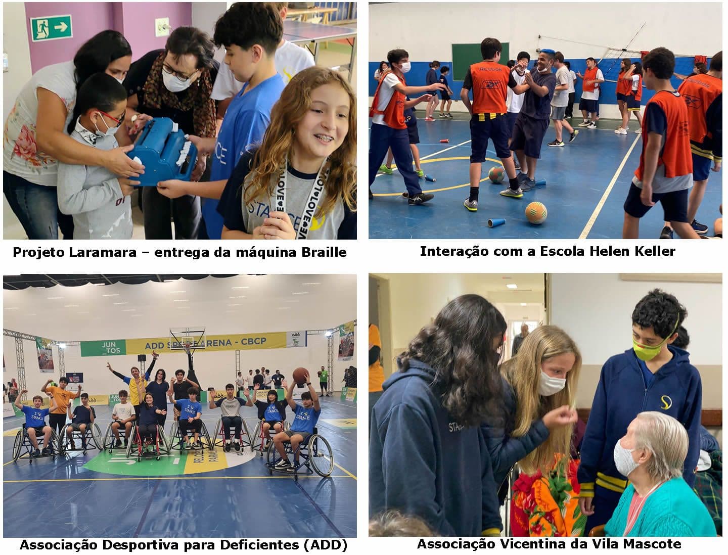 Fotos de projetos sociais: Laramara, Escola Helen Keller, ADD (basquete em cadeira de rodas) e Associação Vicentina